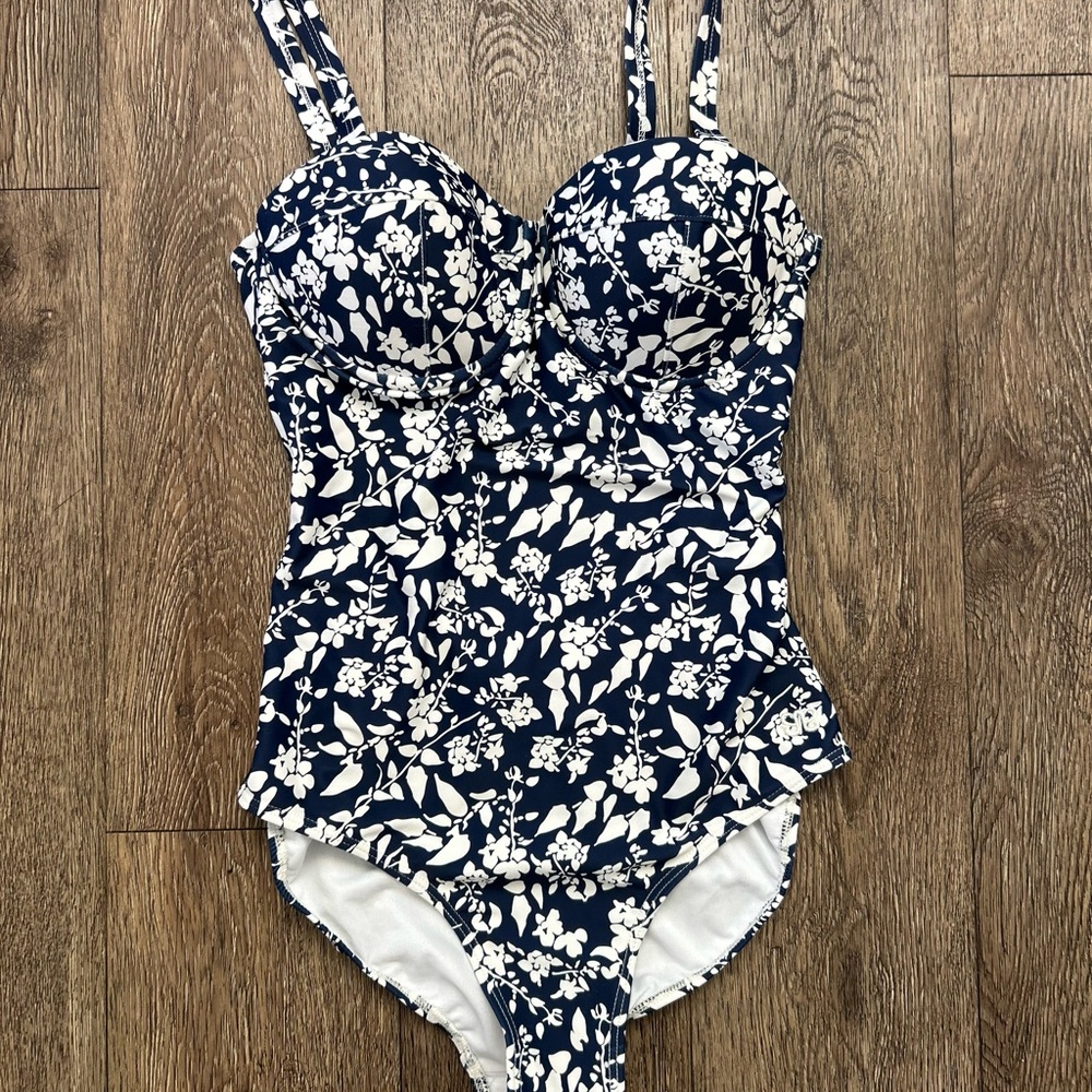 Elegant Floral Navy and White One-Piece Swimsuit